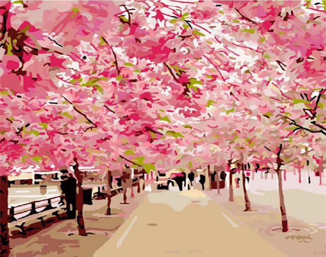Camino entre Árboles de Flores Rosadas Pintar por Números