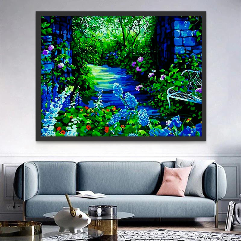 Camino y Pared Azul en el Bosque Pintar por Números