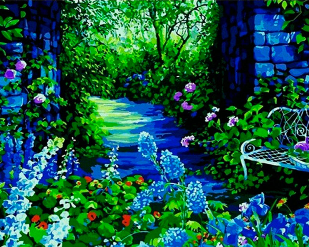 Camino y Pared Azul en el Bosque Pintar por Números