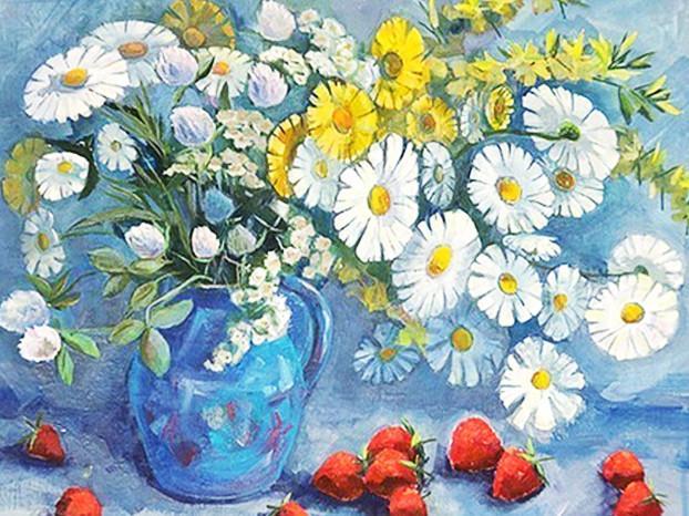 Camomilas en Florero Azul con Fresas Rojas Pintar por Números