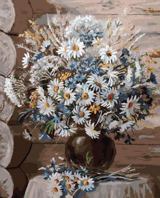 Camomilas en Florero Negro Pintar por Números
