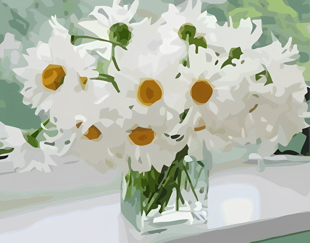 Camomilas en Florero sobre Alféizar Pintar por Números