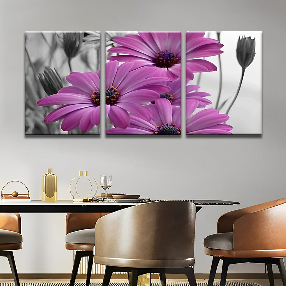 Camomilas Moradas con Fondo en Blanco y Negro 3 Partes Pintar por Números