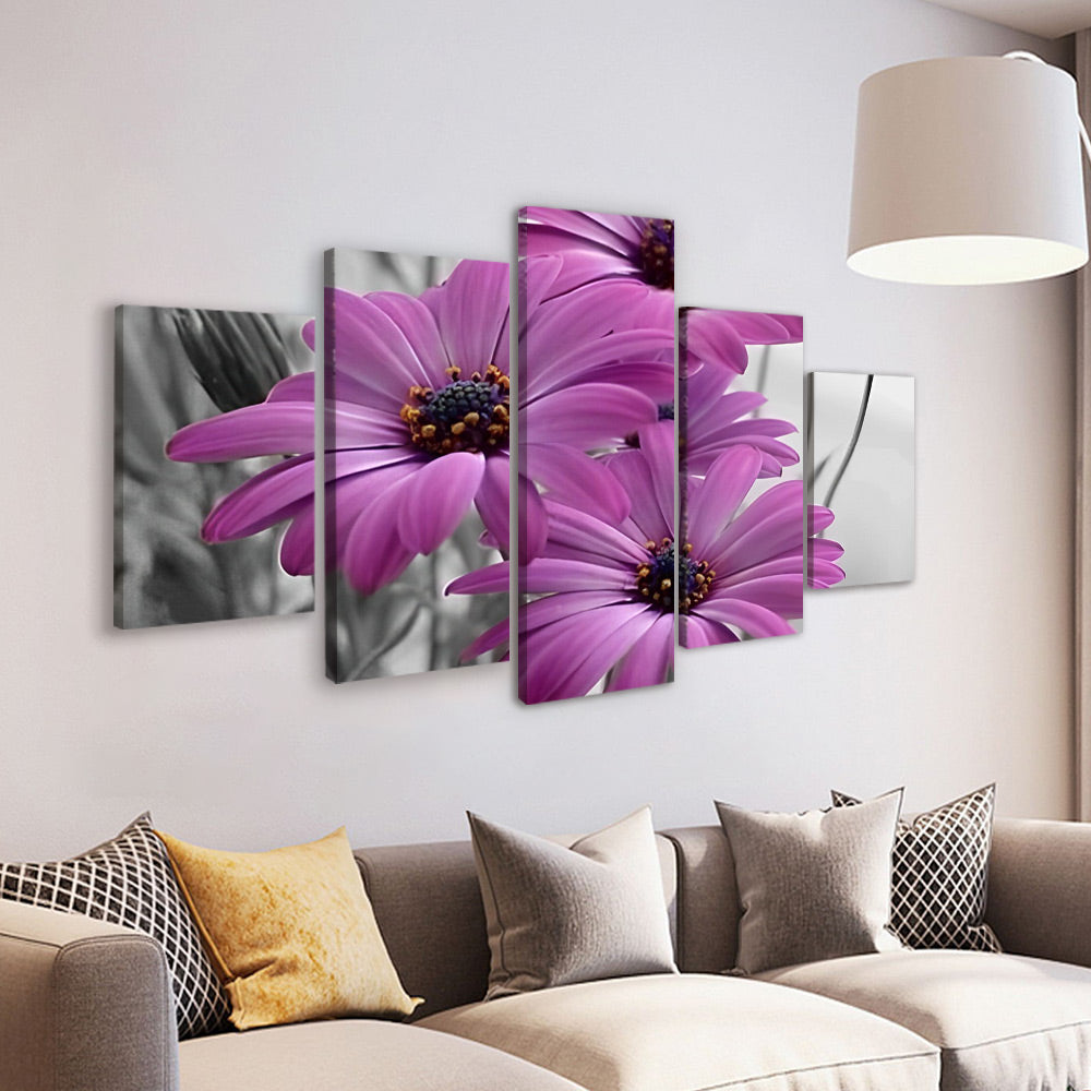 Camomilas Moradas Hermosas en Fondo Gris 5 Partes Pintar por Números