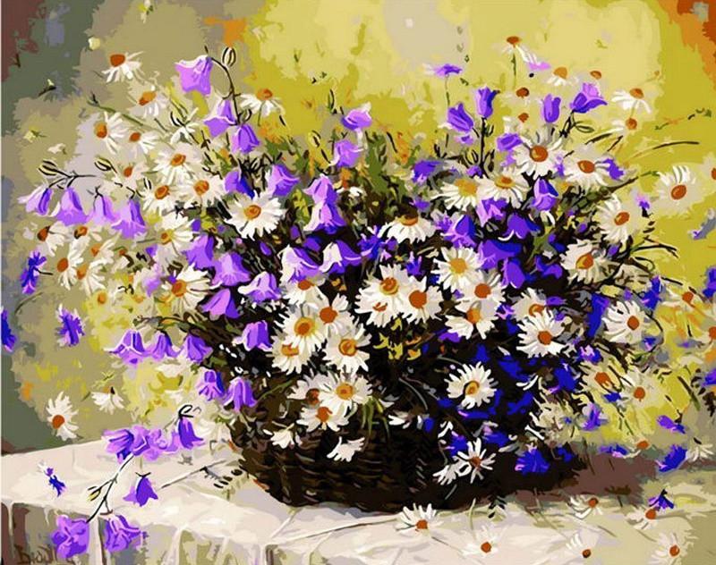 Camomilas y Campanulas en la Cesta Pintar por Números