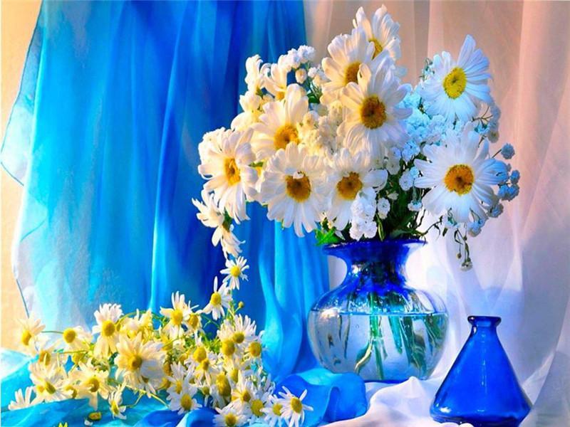 Camomilas y Florero y Tela Azul Pintar por Números