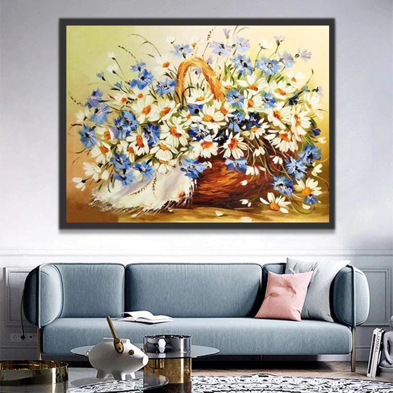 Camomilas y Flores Azules en la Cesta Pintar por Números