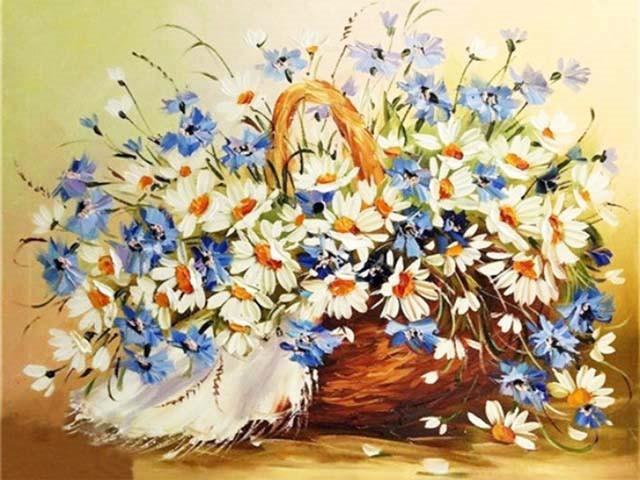 Camomilas y Flores Azules en la Cesta Pintar por Números