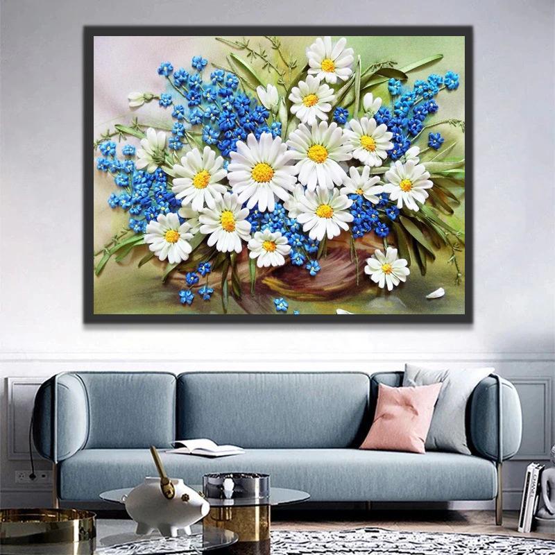Camomilas y Flores Azules Pequeñas Pintar por Números