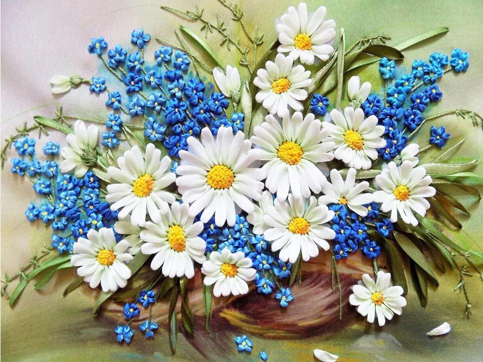 Camomilas y Flores Azules Pequeñas Pintar por Números
