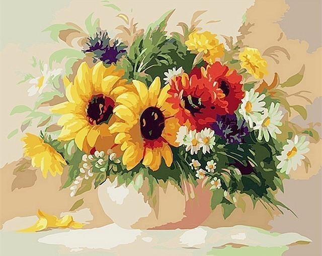 Camomilas y Girasoles de Colores Diferentes en Florero Pintar por Números