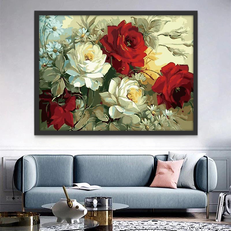 Camomilas y Rosas de Color Rojo y Blanco Pintar por Números