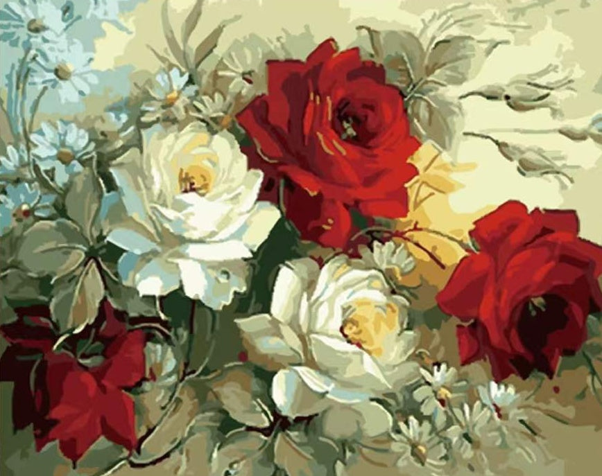 Camomilas y Rosas de Color Rojo y Blanco Pintar por Números