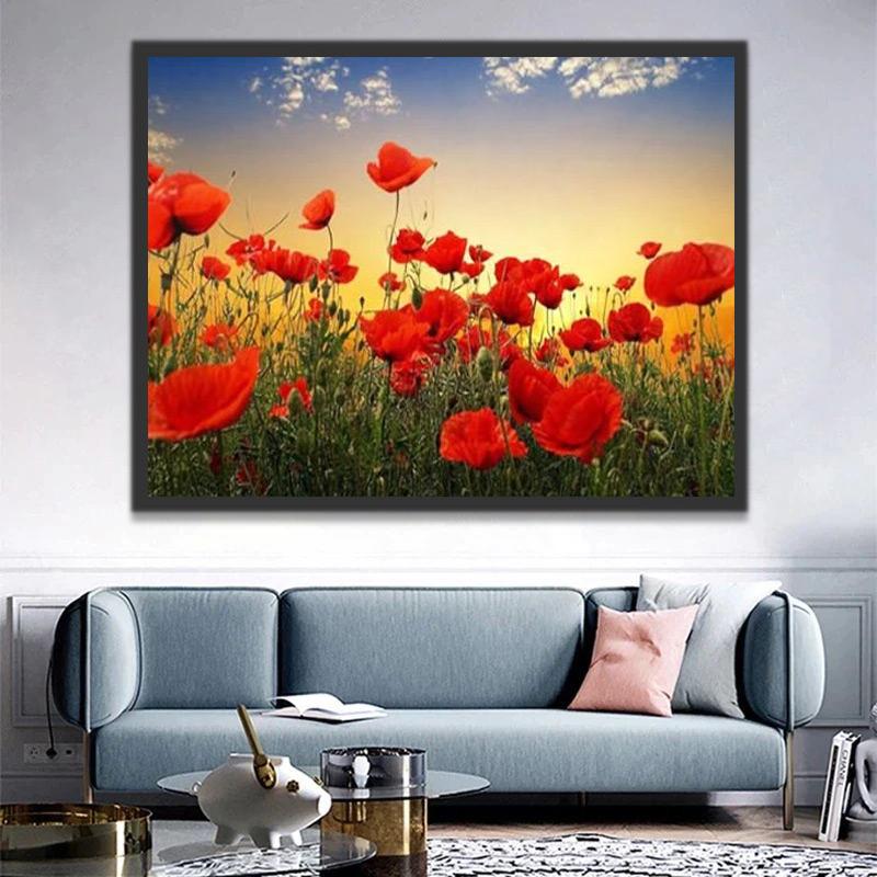Campo de Amapolas Rojas al Atardecer con Cielo Azul Pintar por Números