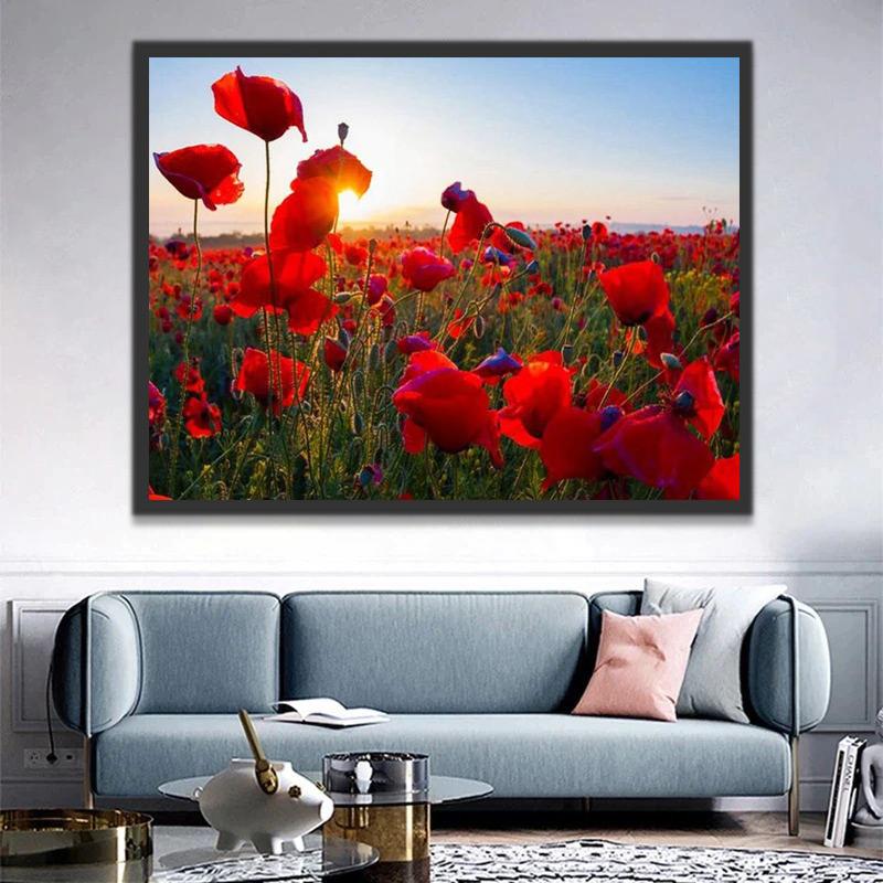 Campo de Amapolas Rojas al Sol Pintar por Números