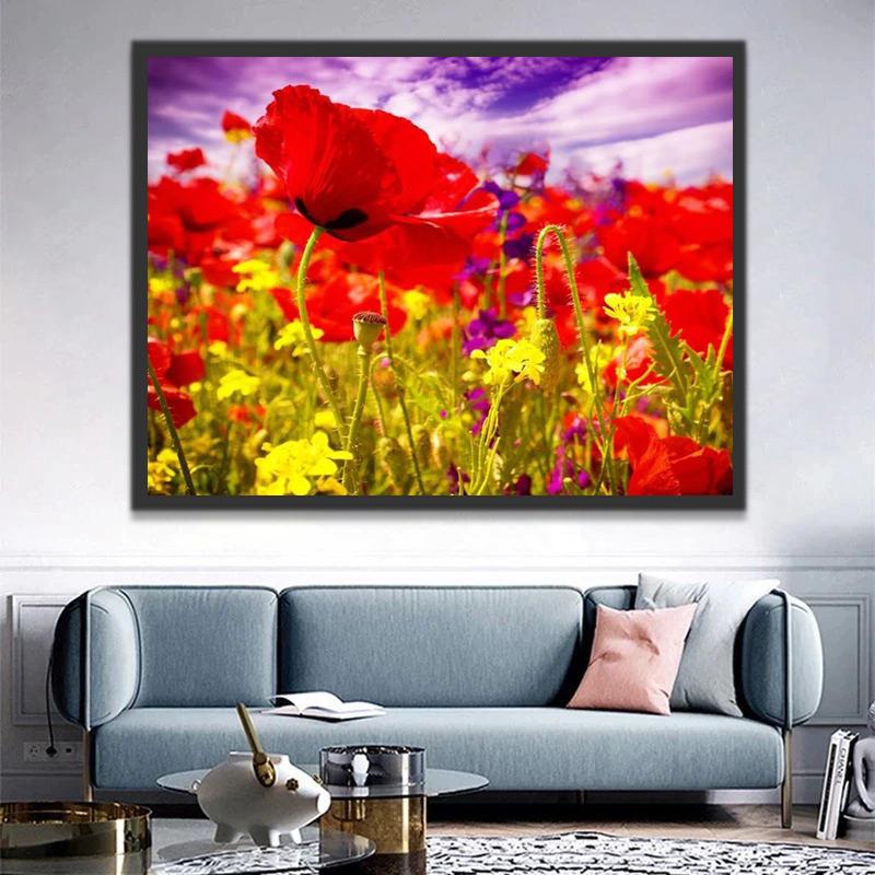 Campo de Amapolas Rojas Brillantes con Cielo Morado Pintar por Números