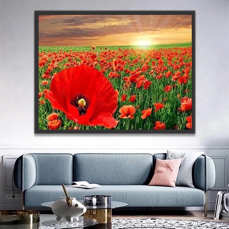 Campo de Amapolas Rojas y Puesta del Sol Pintar por Números