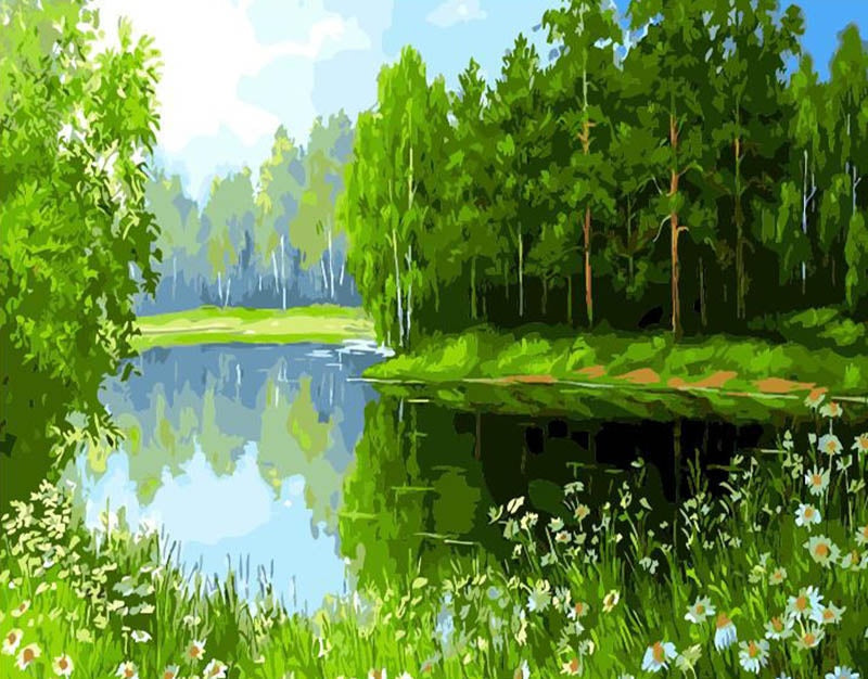 Campo de Camomilas y Bosque Verde Pintar por Números