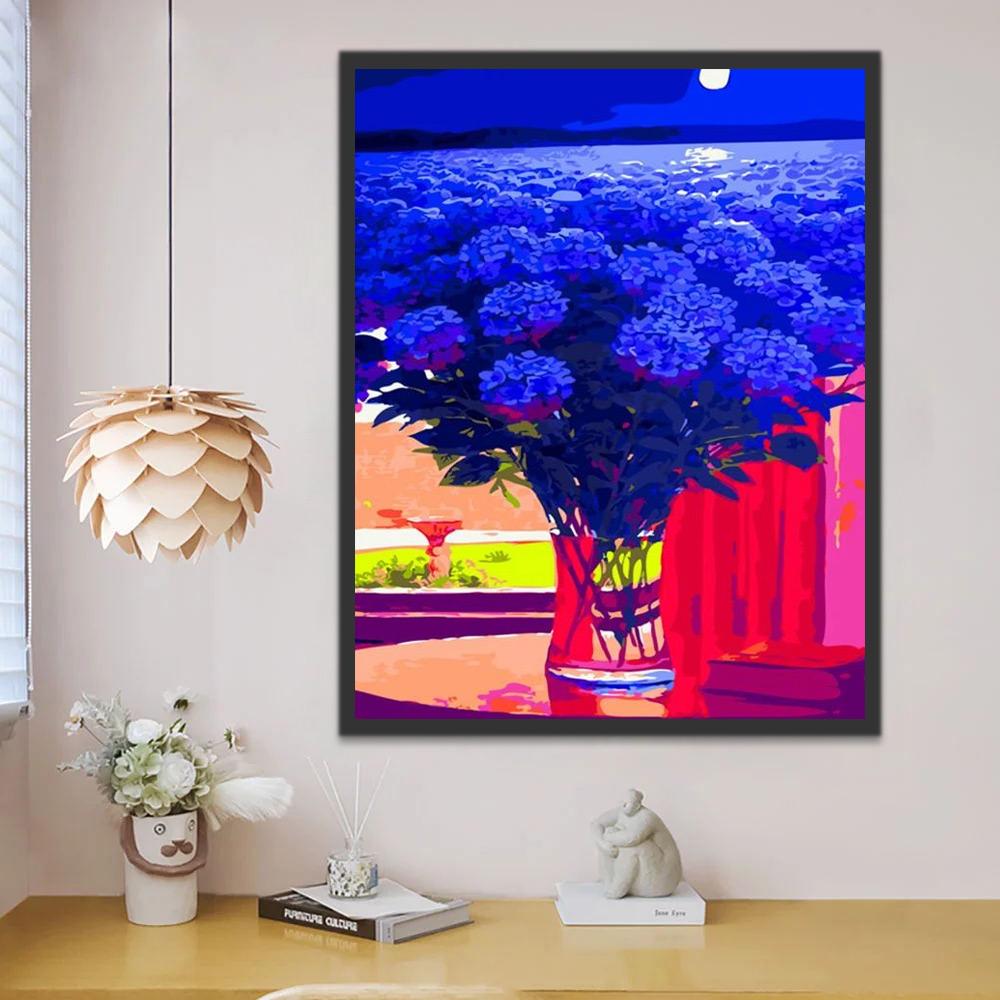 Campo de Flores Azules a la Luz de la Luna y Florero Pintar por Números