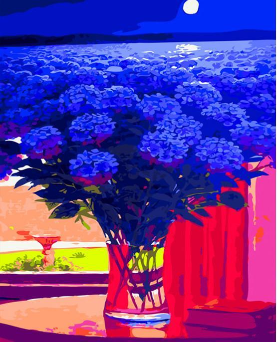 Campo de Flores Azules a la Luz de la Luna y Florero Pintar por Números