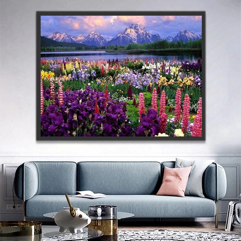 Campo de Flores Coloridas en Montañas Pintar por Números