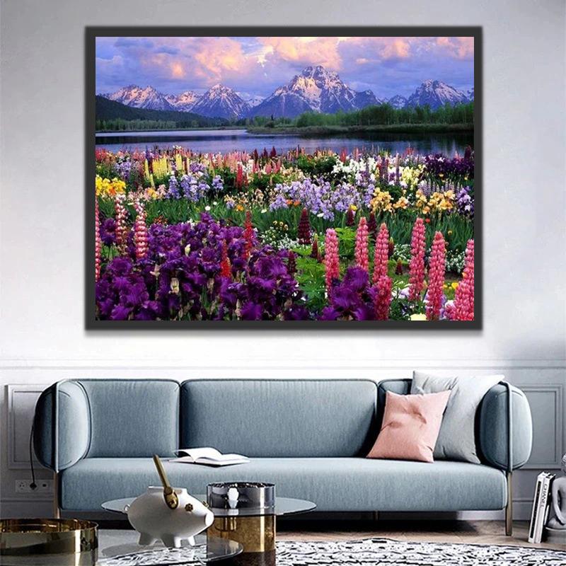Campo de Flores con Fondo de Montañas y Río Pintar por Números