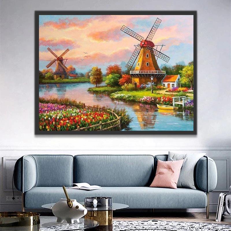 Campo de Flores y Molinos de Viento Pintar por Números