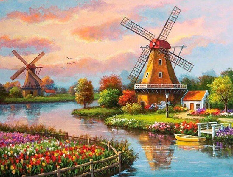 Campo de Flores y Molinos de Viento Pintar por Números