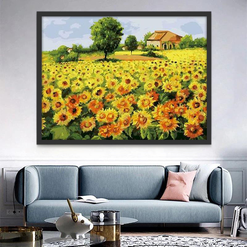 Campo de Girasol con Árbol y Casa a lo Lejos Pintar por Números