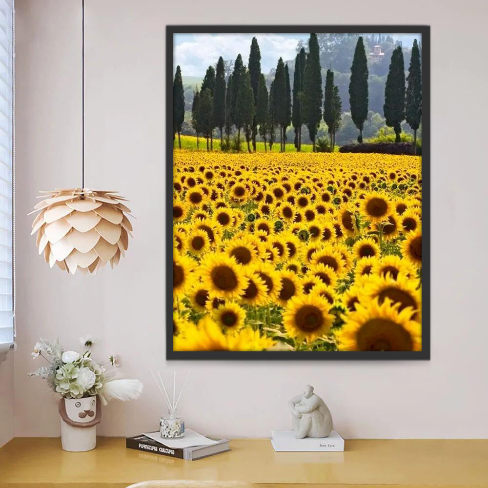 Campo de Girasol con Árboles y Montaña a lo Lejos Pintar por Números