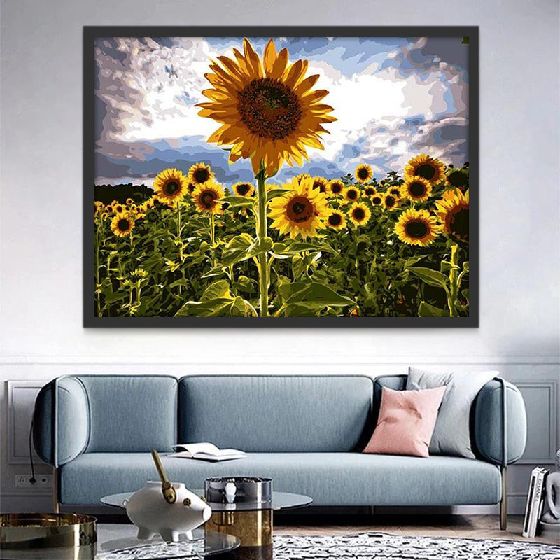 Campo de Girasol y Cielo Soleado con Nubes Blancas Pintar por Números