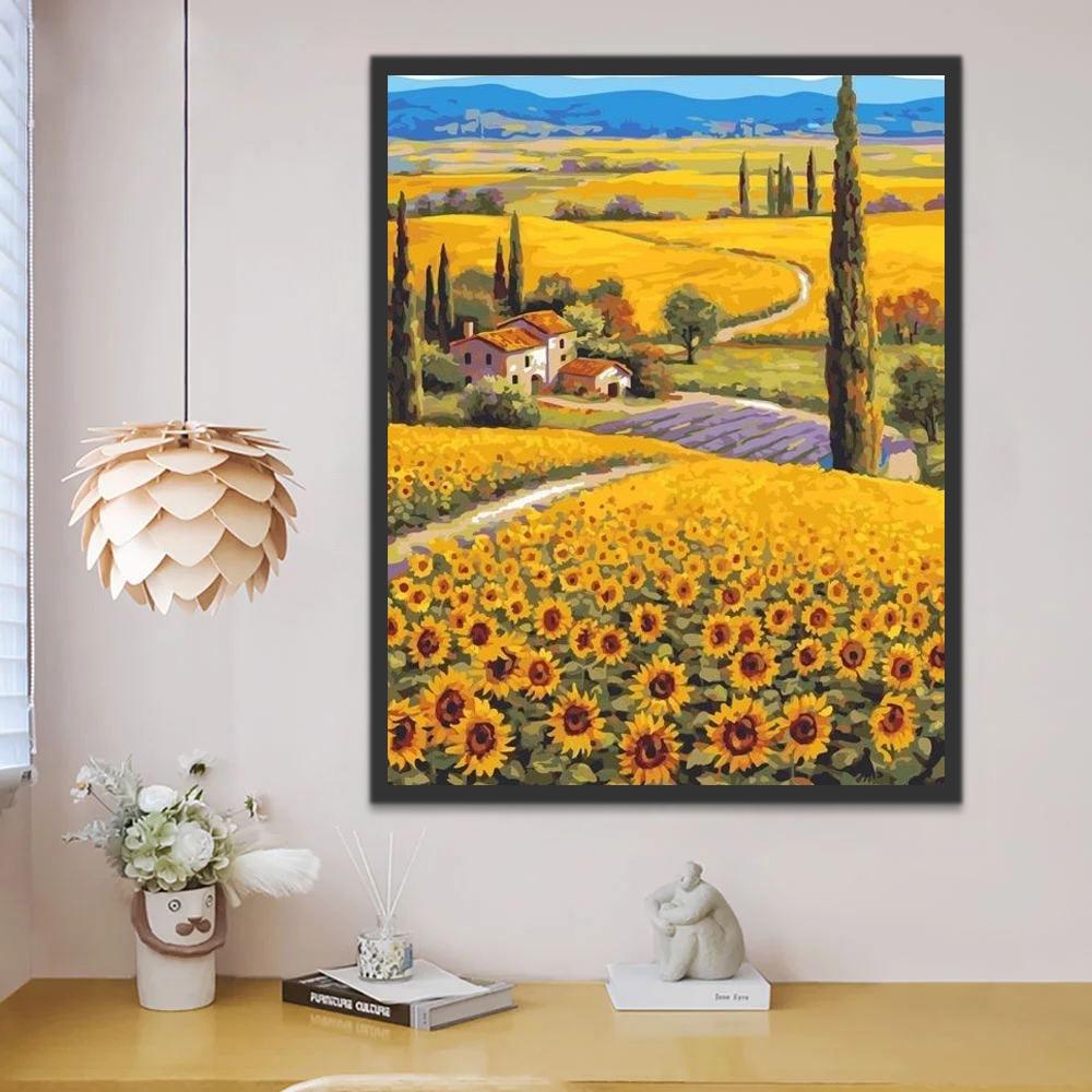 Campo de Girasoles en el Pueblo con Casas Pintar por Números