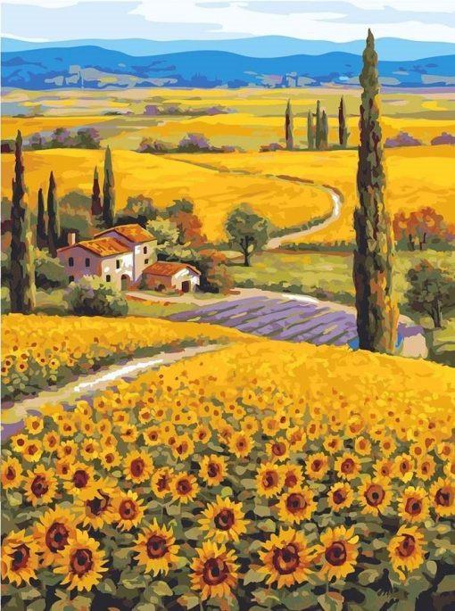 Campo de Girasoles en el Pueblo con Casas Pintar por Números
