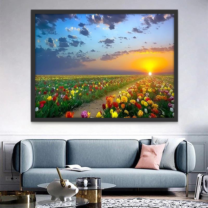 Campo de Tulipán Colorido al Atardecer Pintar por Números