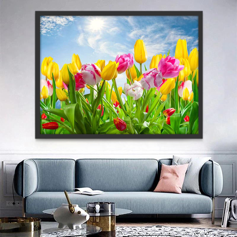 Campo de Tulipán y Cielo Azul con el Sol Pintar por Números
