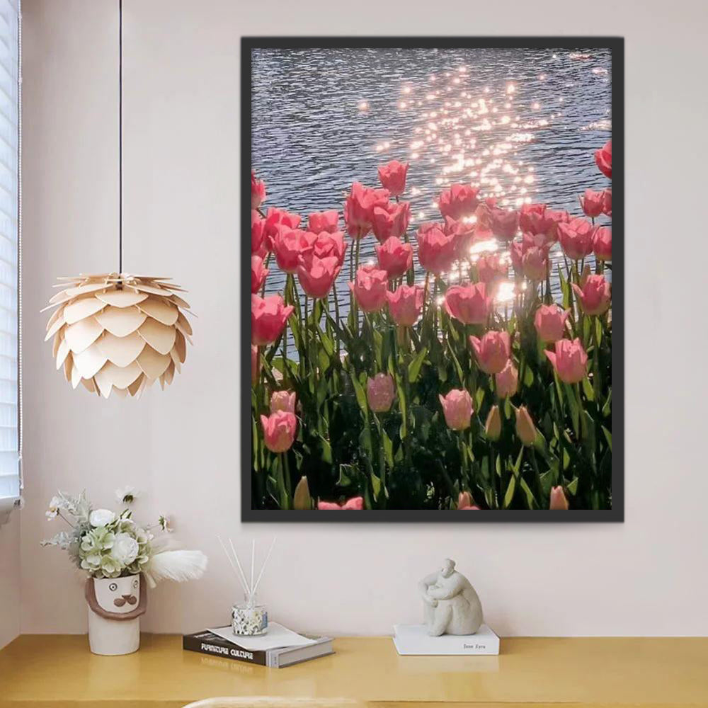 Campo de Tulipanes Rosados en Primavera al Sol Pintar por Números