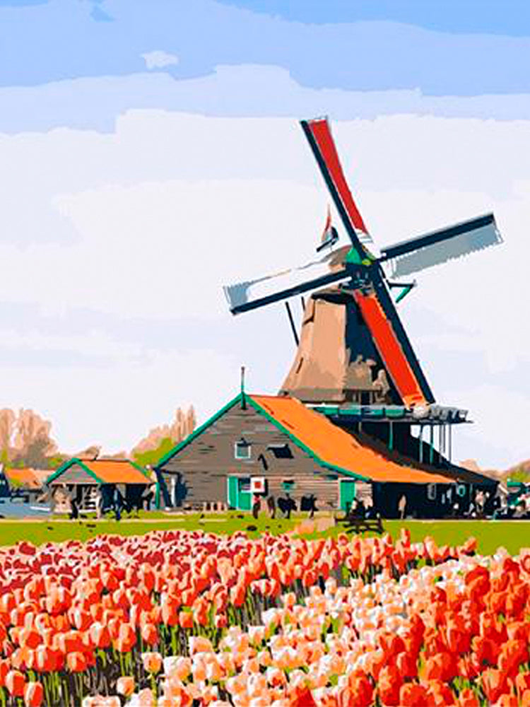 Campo de Tulipanes y Molino de Viento Pintar por Números