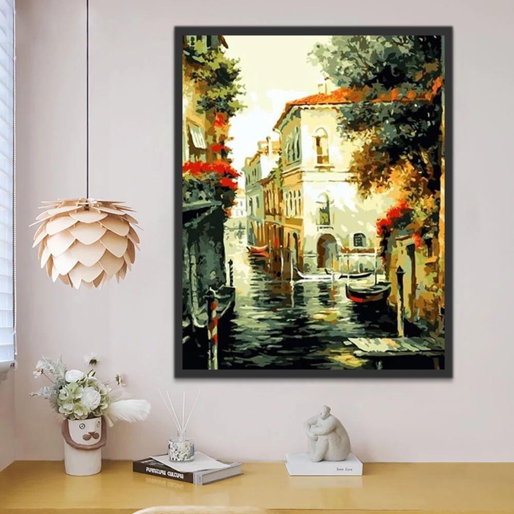 Canal y Barcos en la Ciudad Pintar por Números