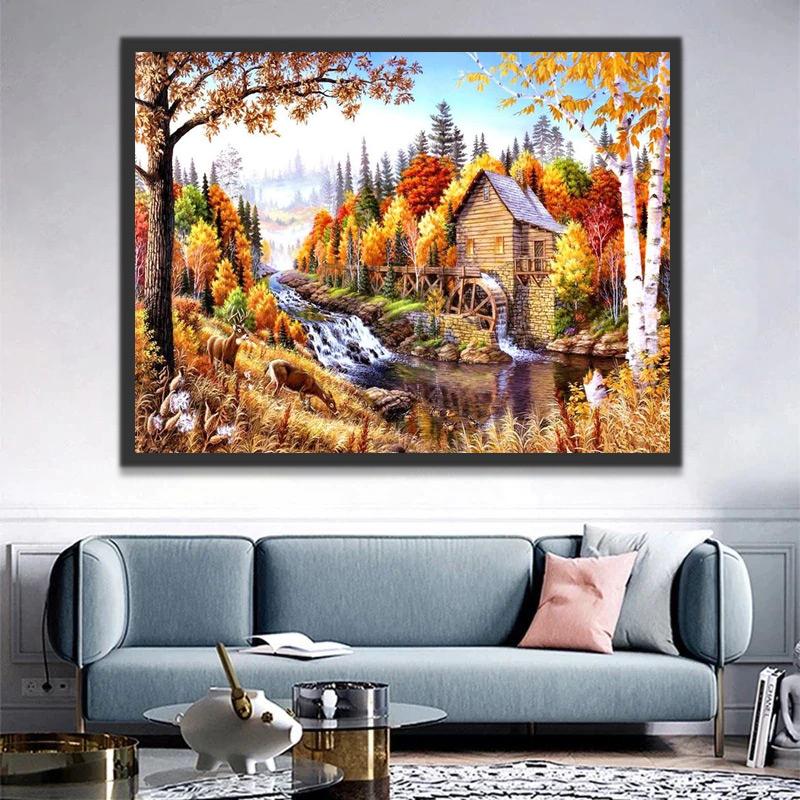 Casa con Rueda Hidráulica en el Bosque Pintar por Números