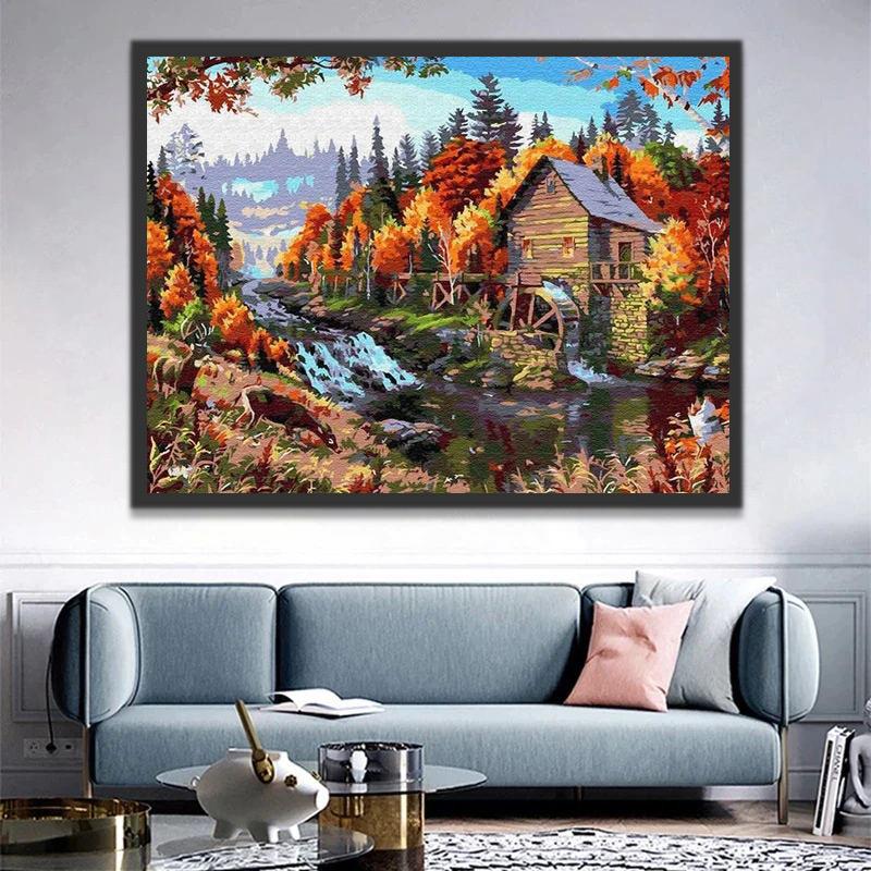 Casa con Rueda Hidráulica en el Bosque Pintar por Números