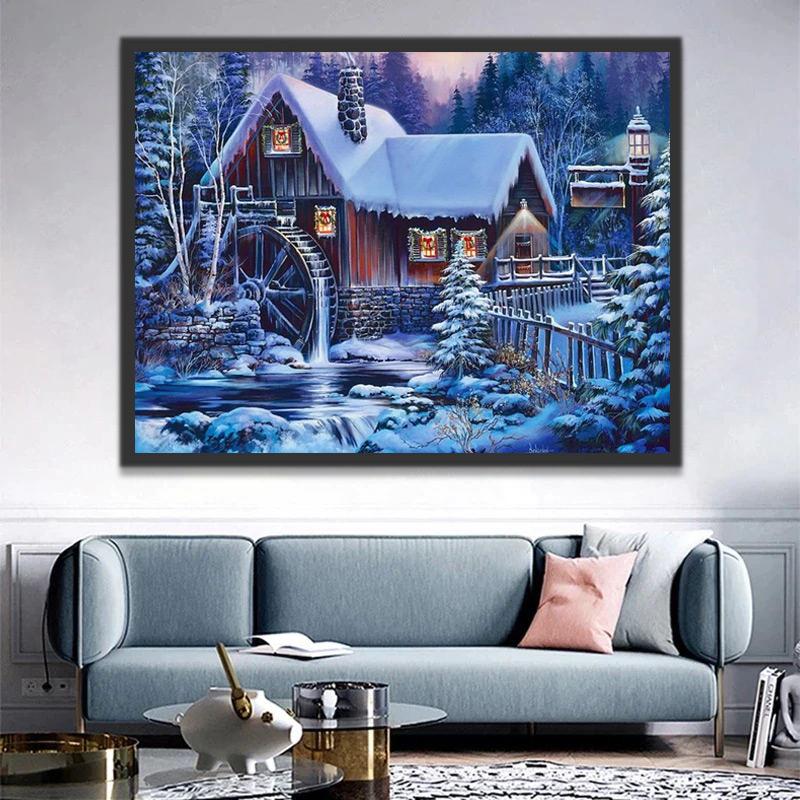 Casa con Rueda Hidráulica en Invierno Pintar por Números