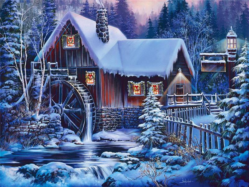 Casa con Rueda Hidráulica en Invierno Pintar por Números