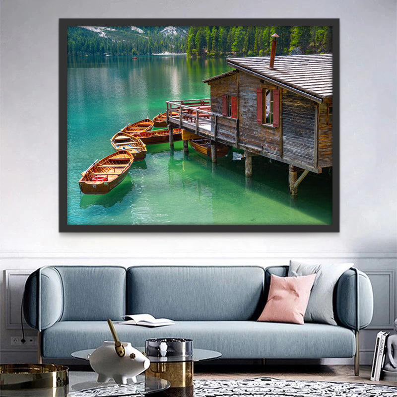 Casa de Madera y Barcos sobre Agua Pintar por Números
