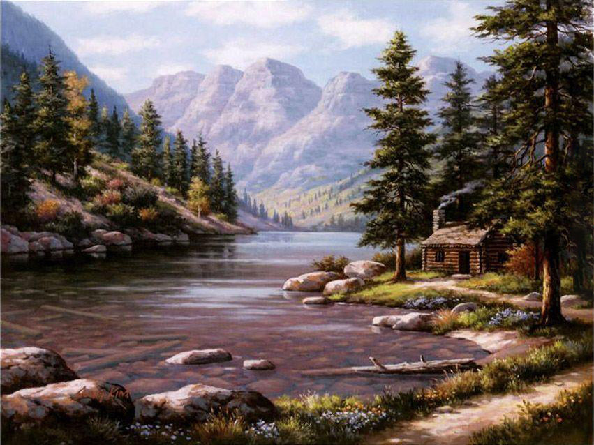 Casa de Madera y Río en el Bosque Pintar por Números