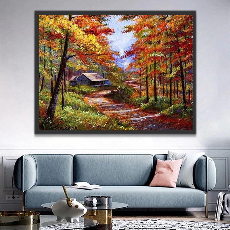 Casa de Madera y Sendero en Otoño Pintar por Números