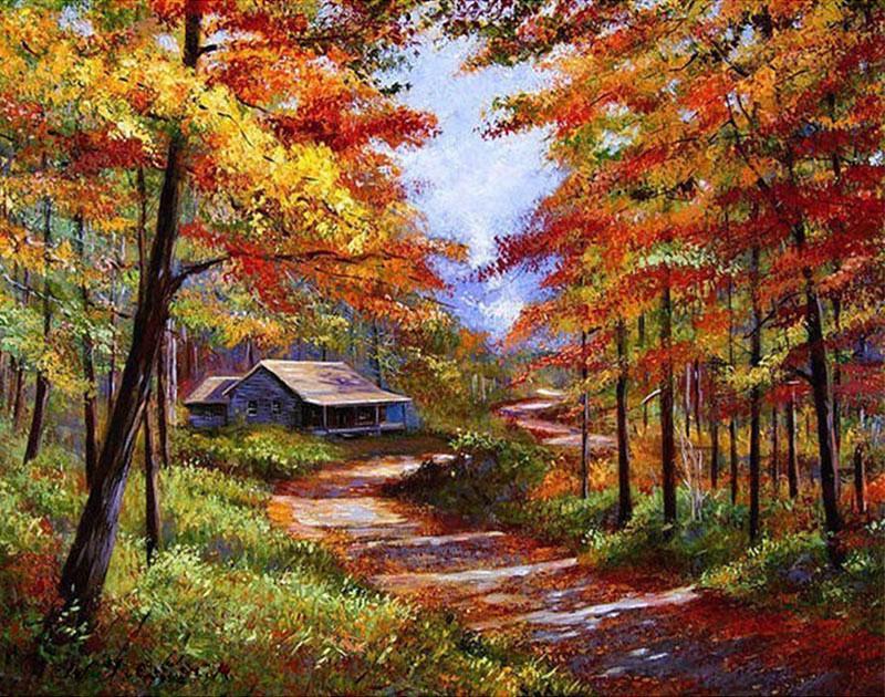 Casa de Madera y Sendero en Otoño Pintar por Números
