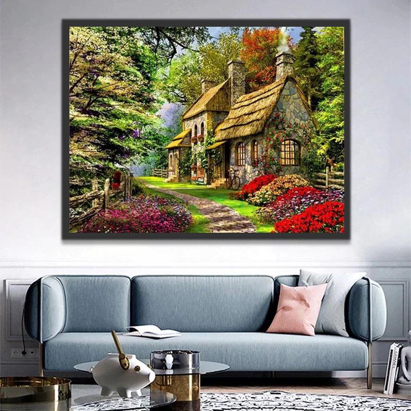 Casa de Piedra en el Bosque con Flores Pintar por Números