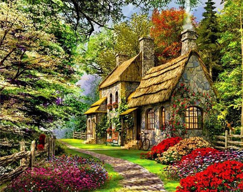Casa de Piedra en el Bosque con Flores Pintar por Números