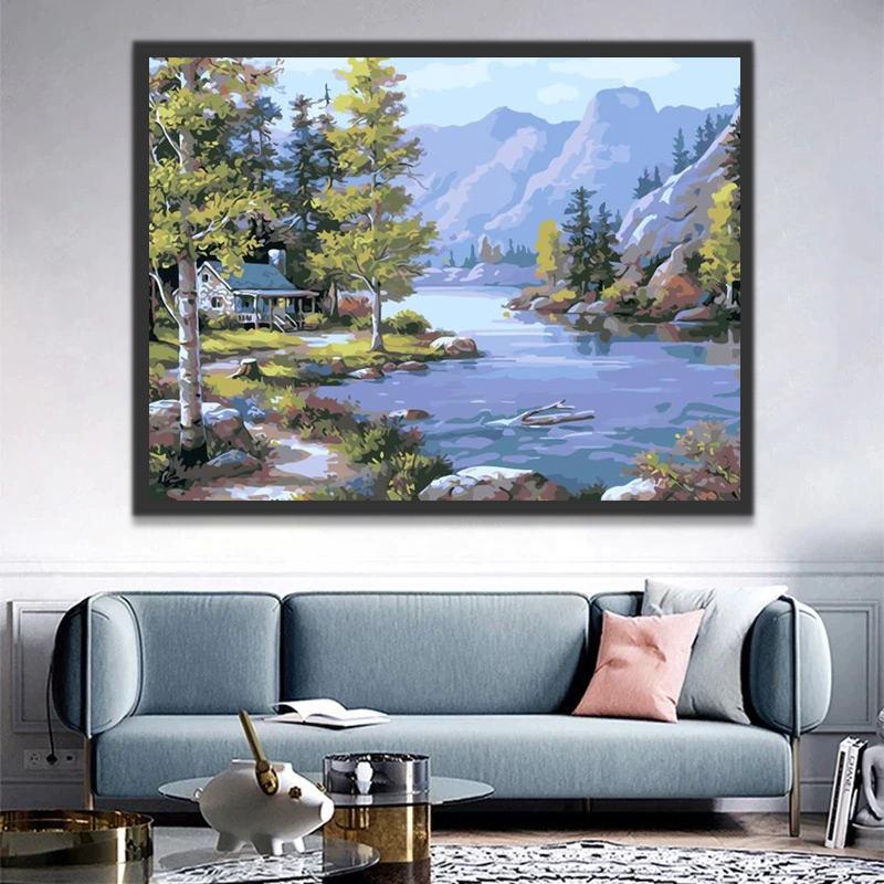 Casa en el Bosque con Montañas y Río Pintar por Números