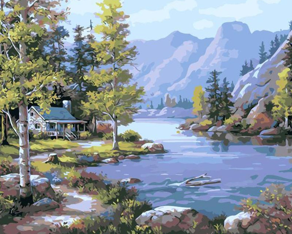 Casa en el Bosque con Montañas y Río Pintar por Números